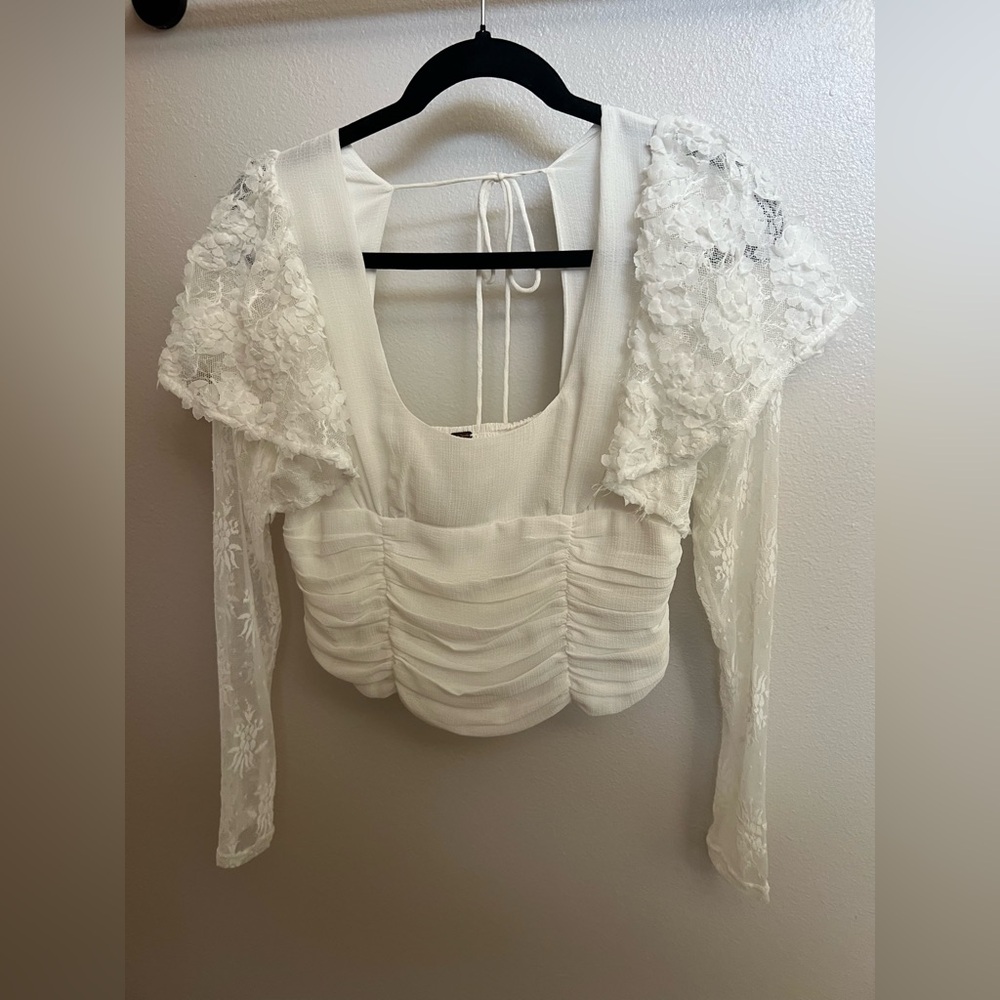 Free People Cream Puff Sleeve Blouse with Ruffled Bib Collar